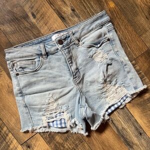 Judy Blue Light Blue Distressed Denim Shorts with Gingham Patches